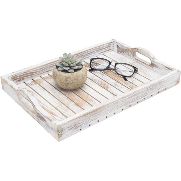 Wooden Serving Tray Breakfast Tray Coffee Table Tray Ottoman Tray Whitewashed - Picture 1 of 8